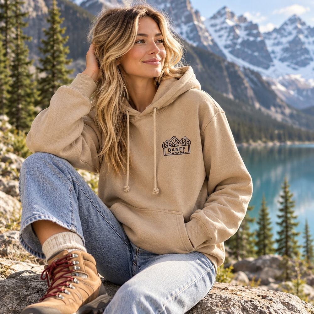 Coastal Culture Banff Canada Embroidered Tan Fleece Hoodie Small